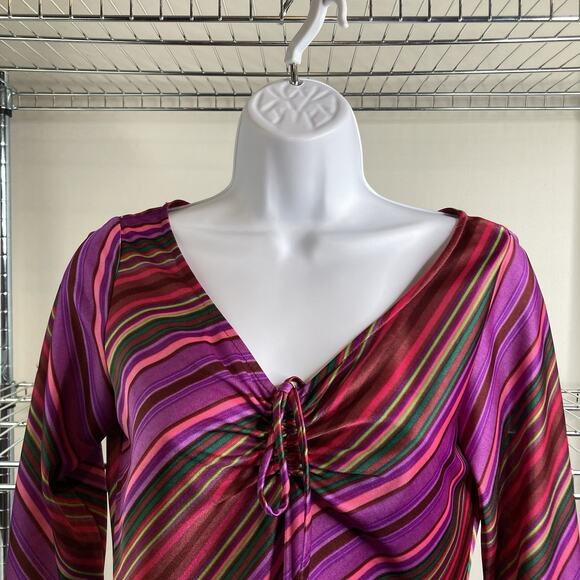 Vintage Helen Wang Women's Purple Red Stripe Midi V Neck Dress Size M Mod Groovy - Picture 8 of 12